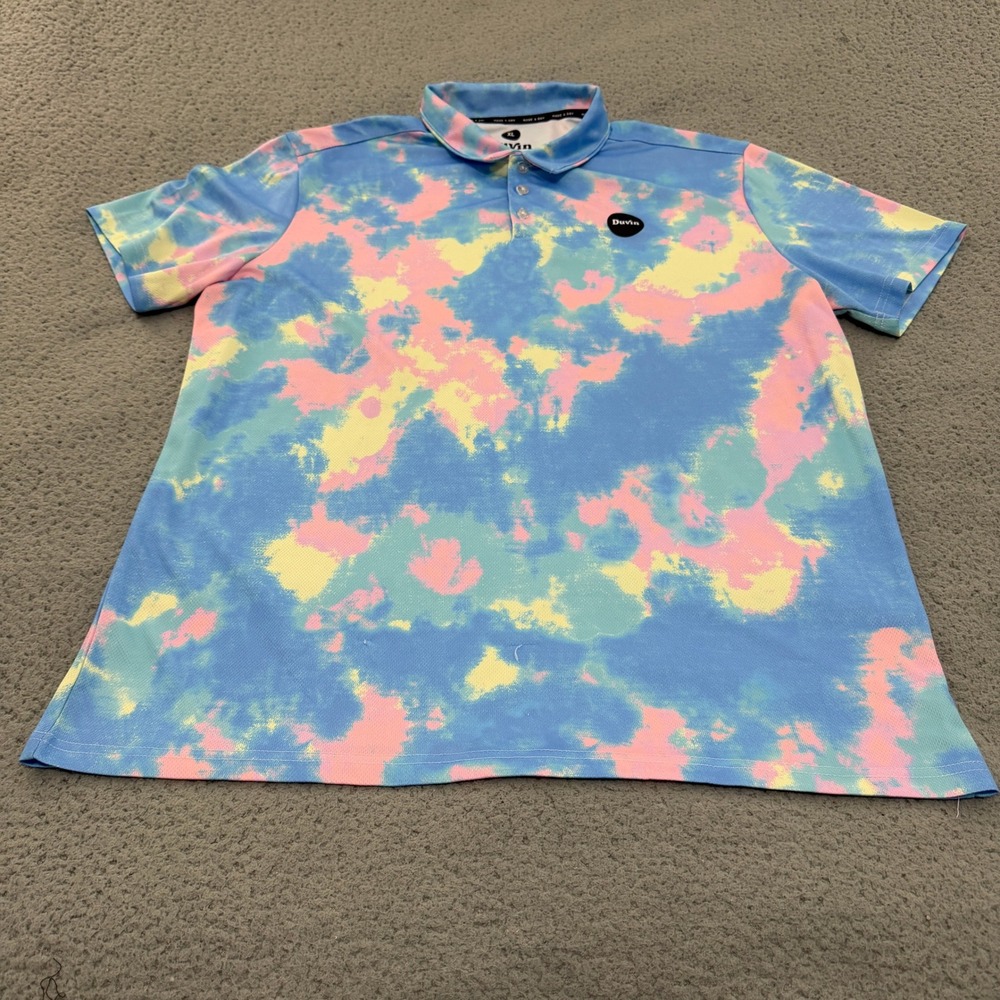 Duvin Design Co Tie Dye Cloud Polo Shirt Mens XL Blue Pink Yellow Performance